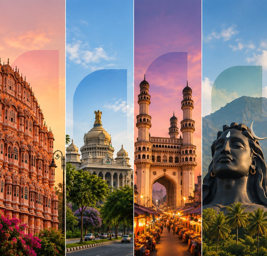 Landmarks from upcoming cities: Hawa Mahal, Vidhana Soudha, Charminar and Adiyogi