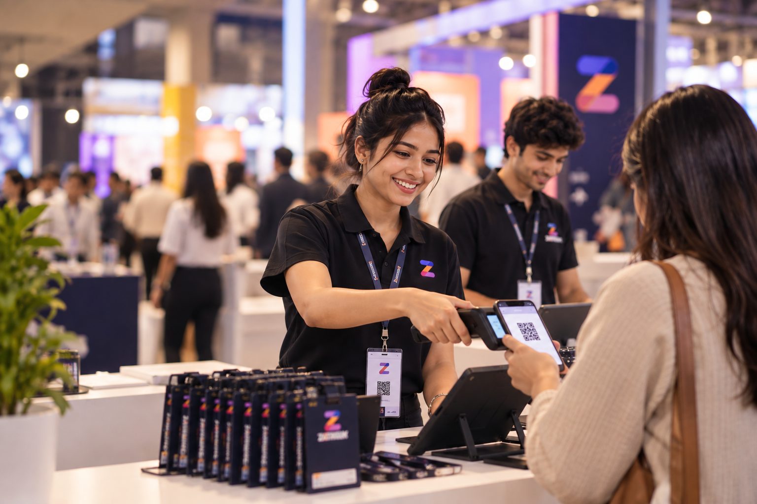 Zatrium event staff in branded uniforms checking in a visitor by scanning a QR code at an exhibition registration desk